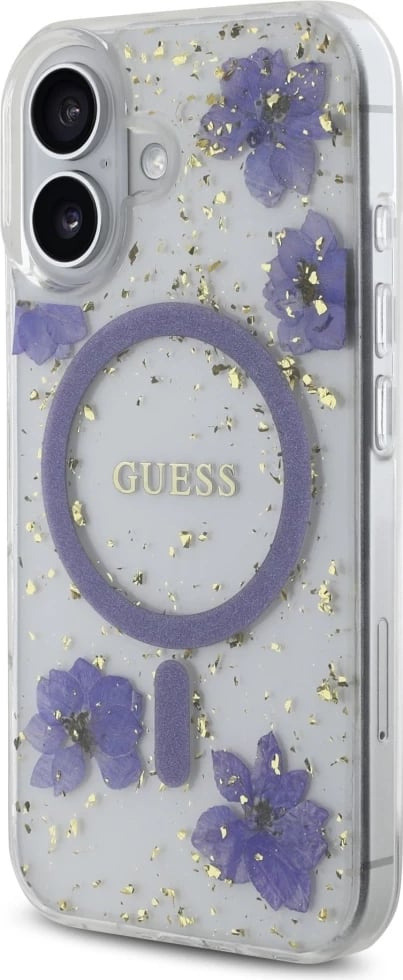 Mbështjellës Guess Resin Flowers Glitter MagSafe për iPhone 16, Vjollcë Mbështjellës Guess Resin Flowers Glitter MagSafe për iPhone 16, Vjollcë
