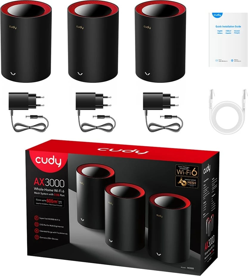 Mesh sistem Cudy M3000, 3 copë, Wi-Fi 6, Dual-band, Zi