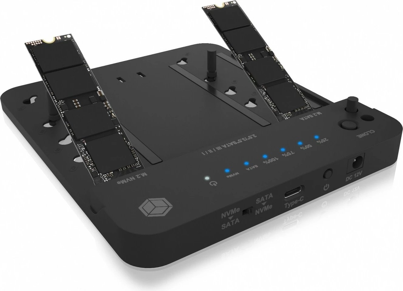 Stacion docking dhe klonimi IcyBox IB-2915MSCL-C31 për SSD/HDD M.2 NVMe, SATA 2.5''/3.5'', i zi