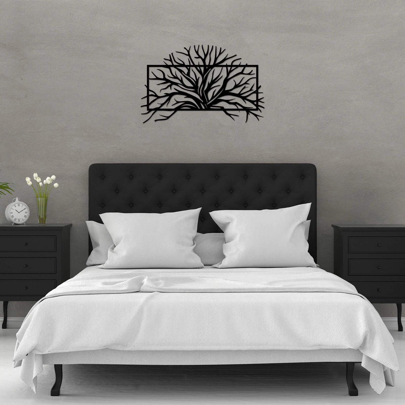 Aksesor dekorativ metalik për mur, Wallity, pemë 4, ngjyrë e zezë, 70x44cm