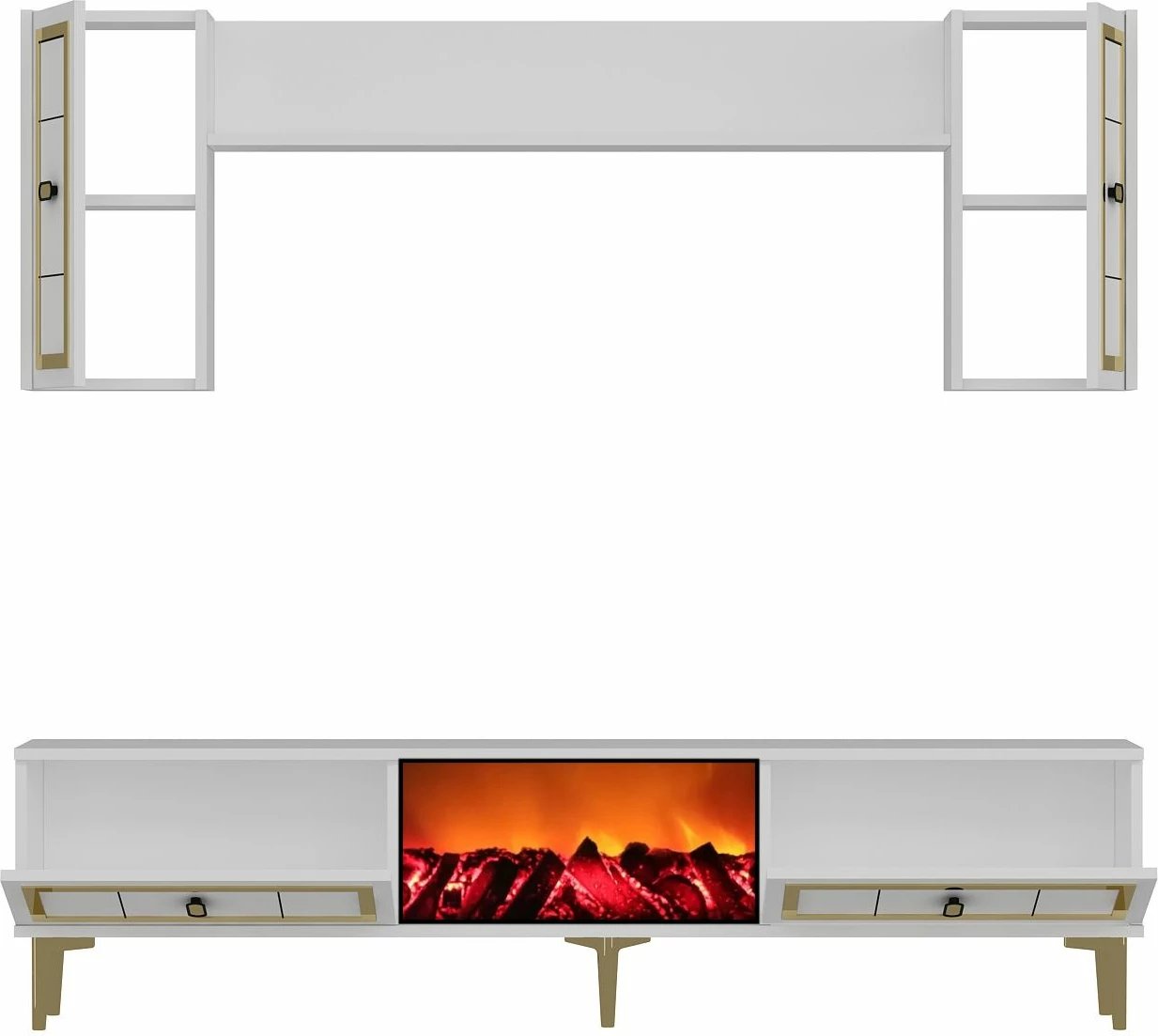 Njësi TV Skye Decor, me oxhak Orion, e bardhë dhe ari