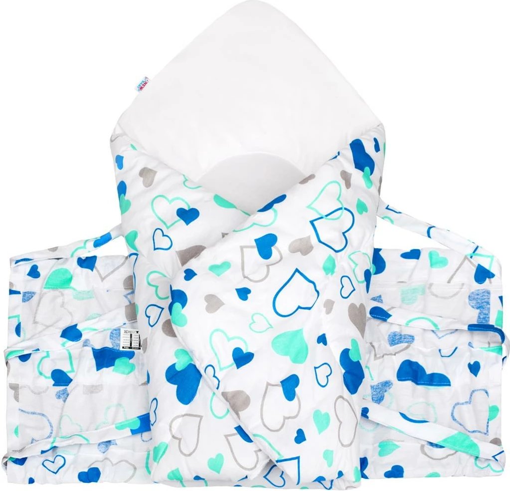 Mbështjellëse për bebe me lidhëse, New Baby, Blue Hearts klasik, 70x70 cm, pambuk 100% me mbushje anti-alergjike, blu