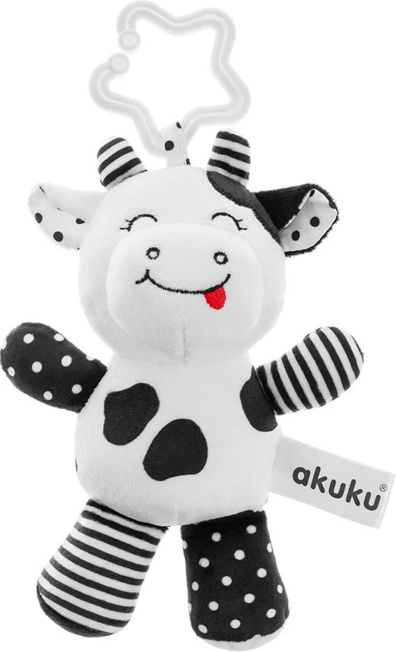 lodër pelushi me zile, Akuku, lopë, 22 cm, bardh e zi