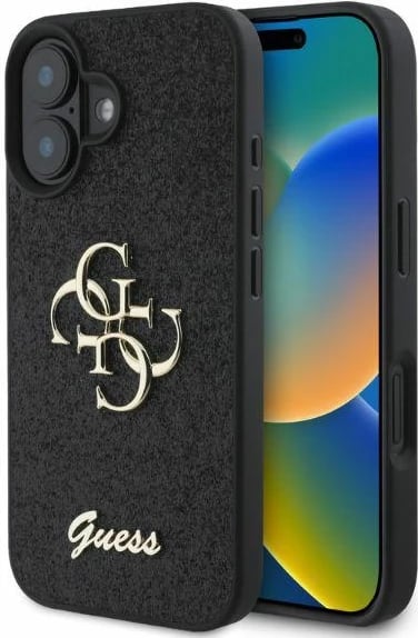 Mbështjellës Guess Fixed Glitter Big 4G për iPhone 16, i zi