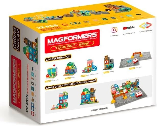 Set lodrash ndërtimi magnetike Magformers Town Set Bank, 22 pjesë, shumëngjyrëshe