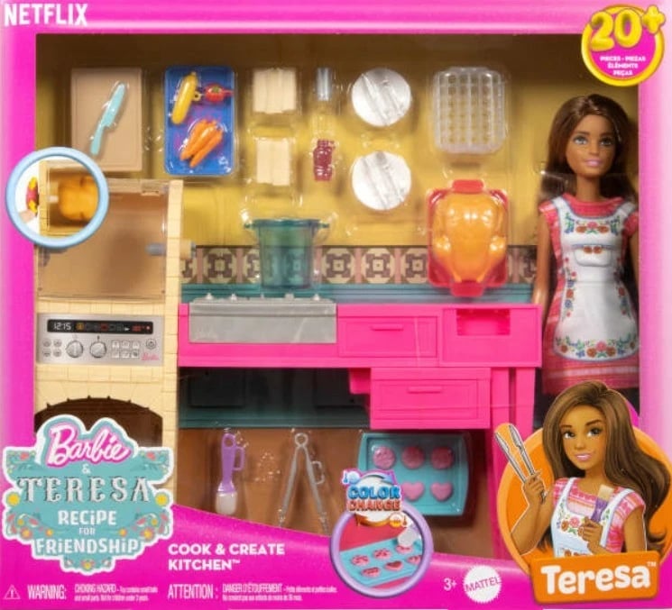 Set lodrash kuzhine me kukull, Barbie Teresa (Mattel) JCT06, kuzhinë me 20+ aksesorë, biskota me ndryshim ngjyrash