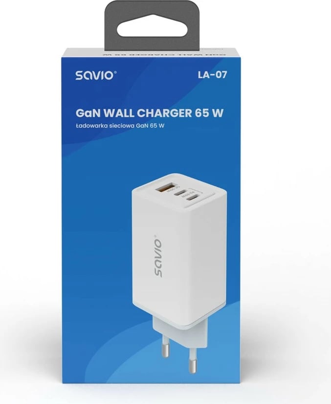 Mbushës muri Savio LA-07, 65W, GaN, 2x USB-C, 1x USB-A, i bardhë