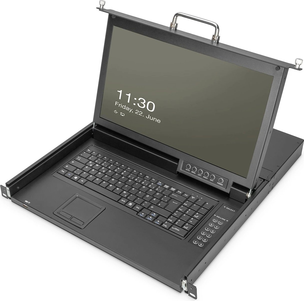Konsolë rackmount Digitus 17" TFT, 8-port KVM, QWERTY gjermanisht, e zezë