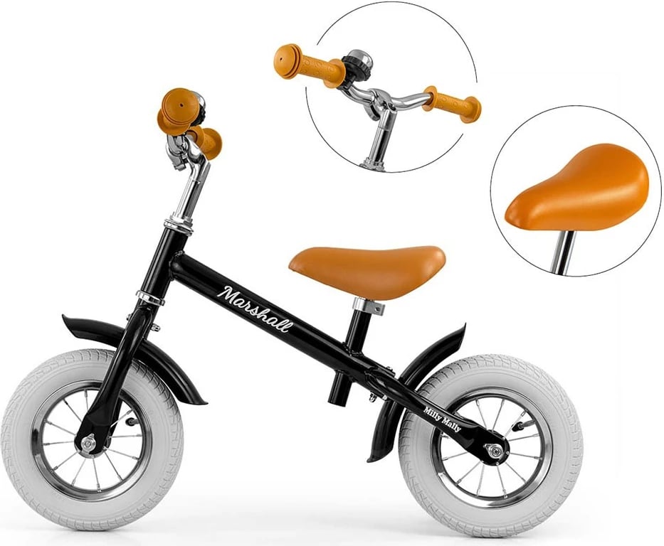 Biçikletë pa pedale, Milly Mally, Marshall Air, rrota 10" të frymëshme, kornizë çeliku, ulëse e timon të rregullueshëm, ngarkesë 20 kg, e zezë