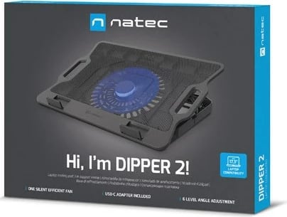 Mbajtëse ftohëse për laptop NATEC DIPPER 2, 17.3", 1 ventilator, USB, e zezë me dritë blu