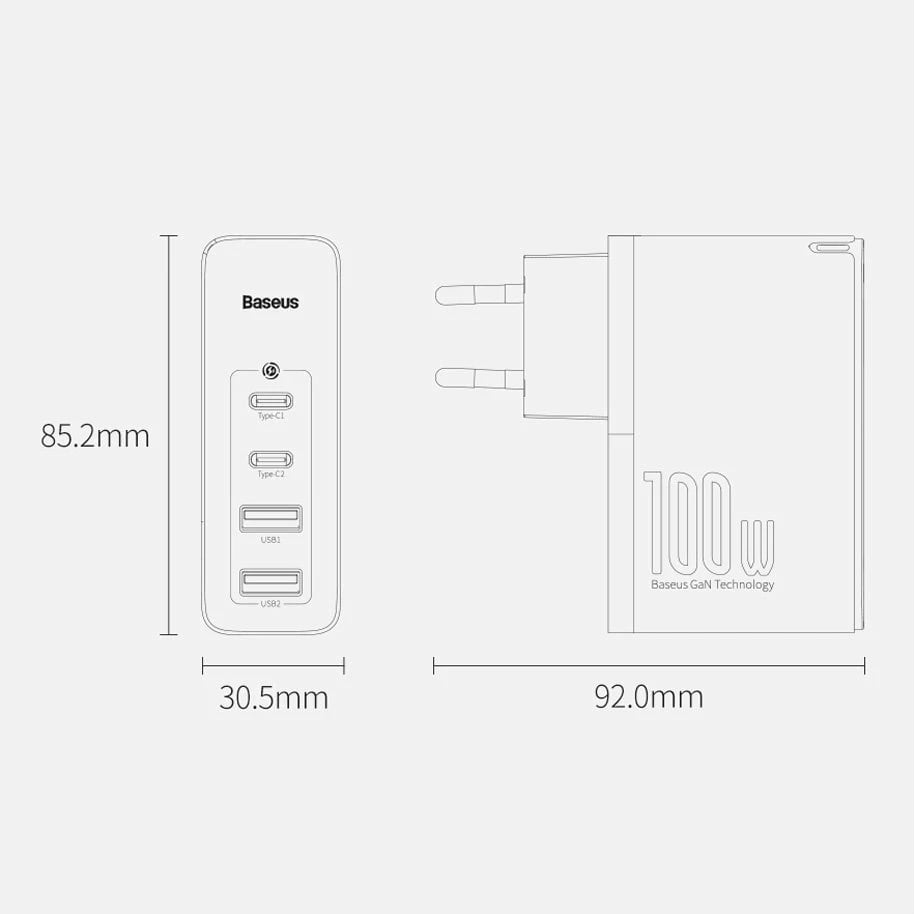Karikues muri Baseus GaN2 Pro, 100W, 4 porta (2x USB-C, 2x USB-A), i bardhë