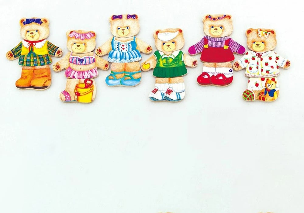 Puzzle druri veshjeje, Viga, Teddy Bear, 18 copa, për 18+ muaj, me kuti druri, shumëngjyrëshe
