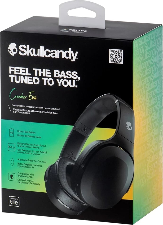 Kufje Skullcandy Crusher Evo, me dhe pa tela, për biseda/muzikë, USB Type-C, Bluetooth, ngjyrë e zezë Kufje Skullcandy Crusher Evo, me dhe pa tela, për biseda/muzikë, USB Type-C, Bluetooth, ngjyrë e zezë