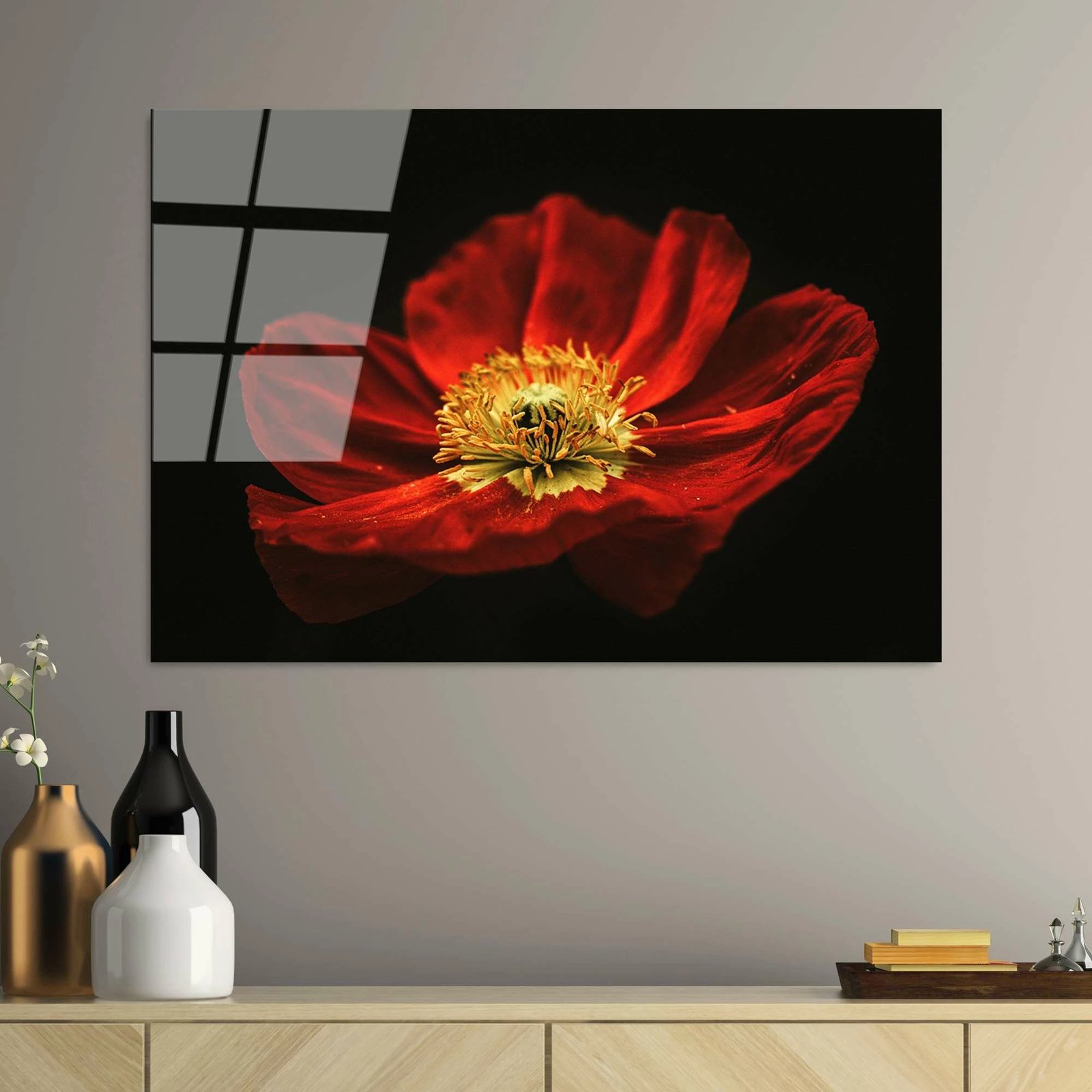 Pikturë dekorative prej xhami të temperuar, lulekuqe, UV-204, 70x100cm