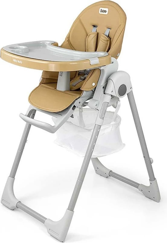 karrige e lartë për ushqim, Milly Mally Bueno, 7 nivele lartësie, shpinore reclinueshme, rripa 5-pikësh, deri 15 kg, 6–36 muaj, bezhë