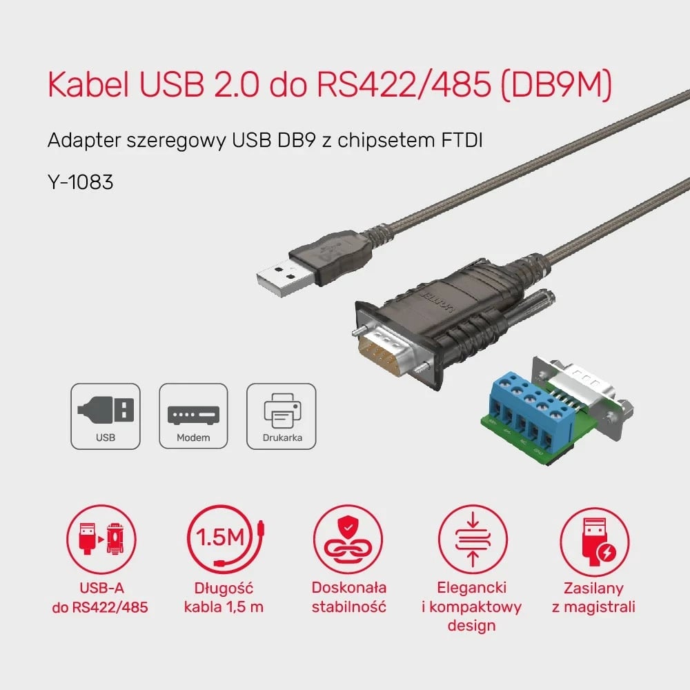 Adapter Unitek USB 2.0 RS422/RS485 FTDI 1.5m
