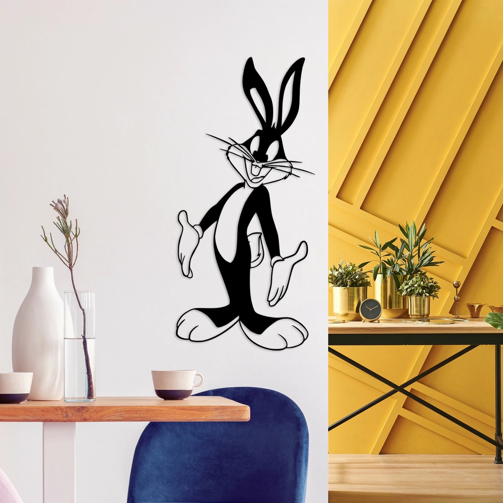 Aksesor dekorativ metalik për mur, Bugs Bunny, ngjyrë e zezë, 33x70cm