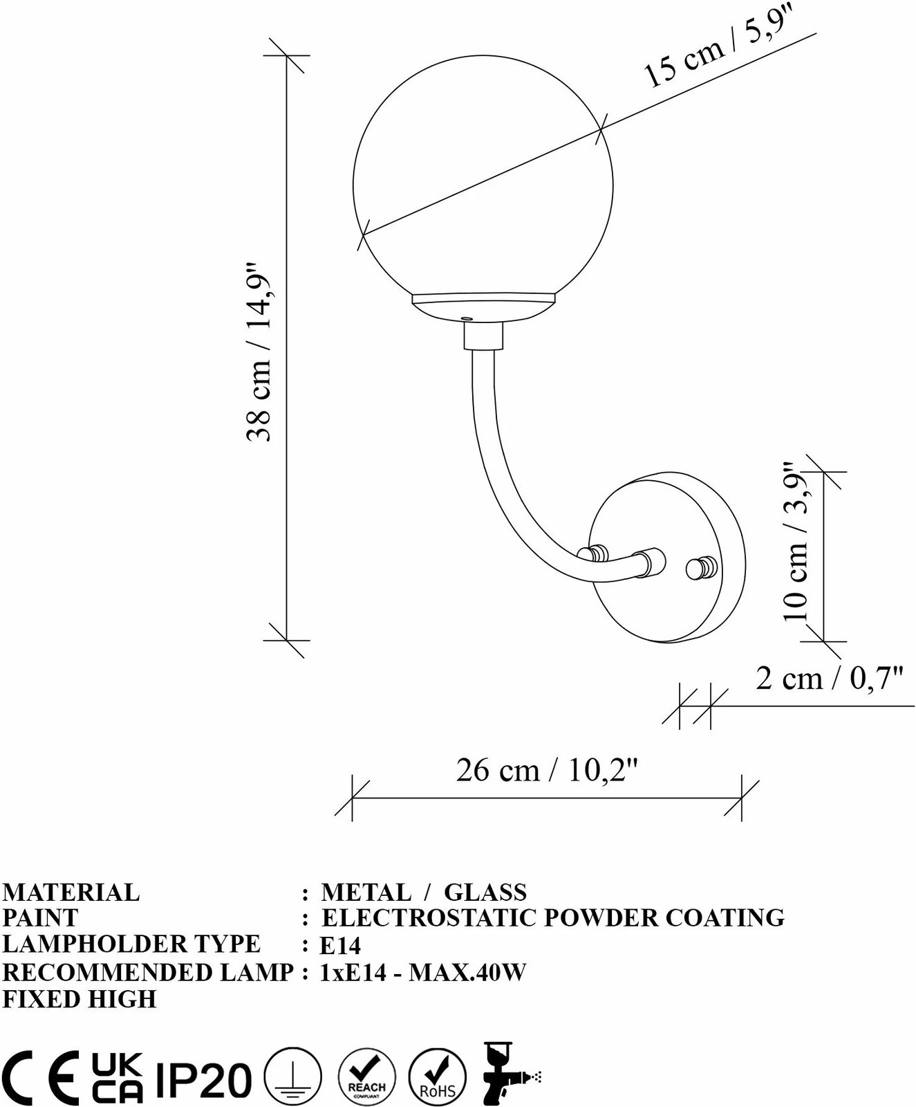 Llambë muri Opviq, Sferıs - 15031, metal e xham, ngjyrë e zezë