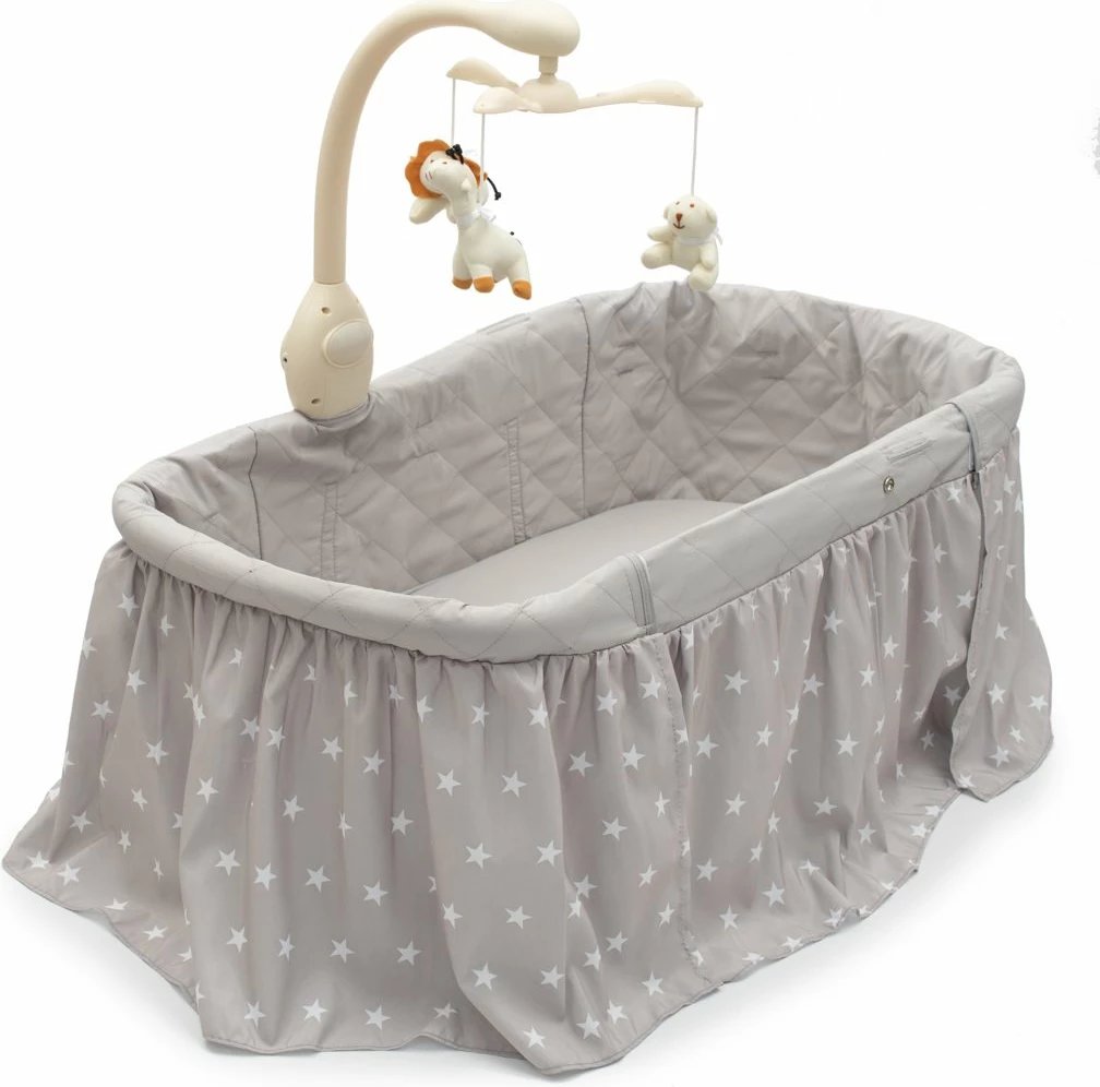 djep/krevat multifunksional për bebe, NEW BABY Stars, rregullim lartësie 4 nivele, karusel me drita muzikë dhe vibrime, kosh praktik, gri