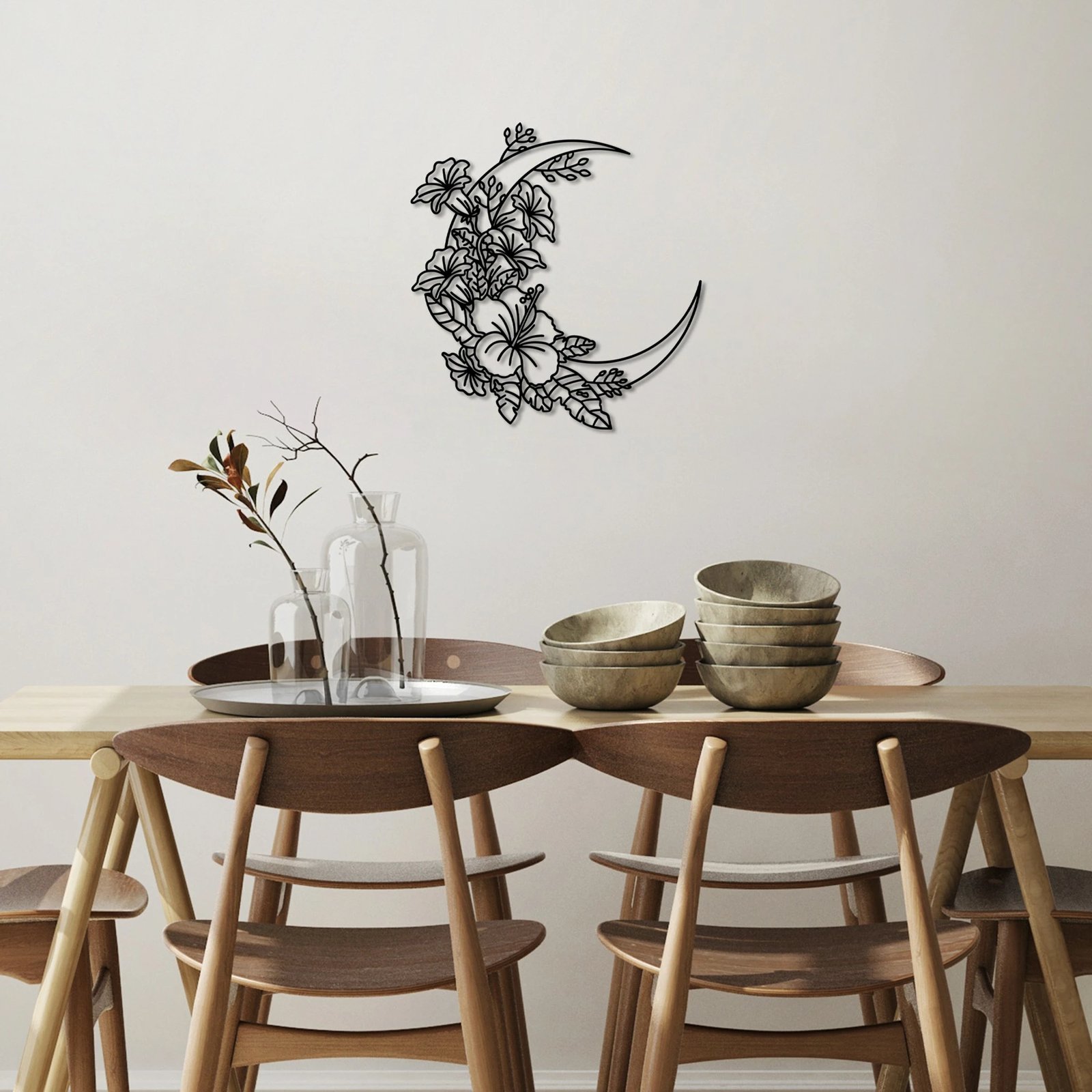 Aksesor dekorativ metalik për mur, lule hëna, Wallity, i zi, 50x47cm