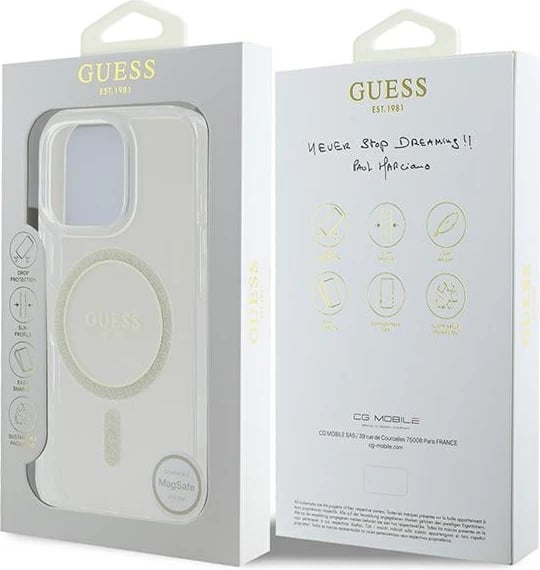 Mbështjellës Guess IML Glitter Circle MagSafe për iPhone 16 Pro Max, hardcase TPU/PC, kompatibil me MagSafe, transparent