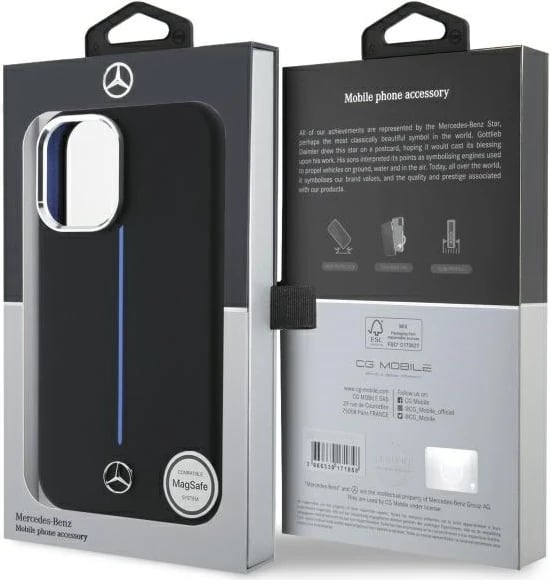 Mbështjellës Mercedes Silicone me MagSafe për iPhone 16, Zi me vijë blu