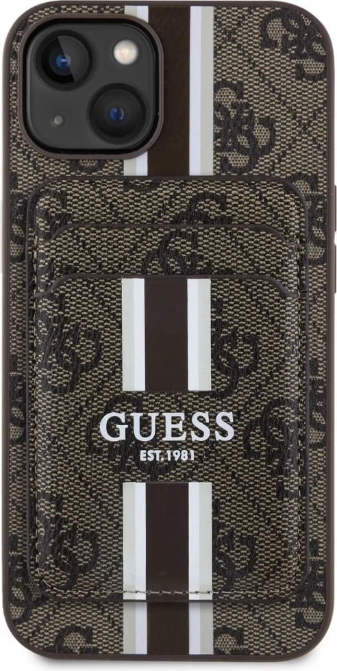 Mbështjellës Guess 4G Stripes me portofol MagSafe për iPhone 15, Kafe