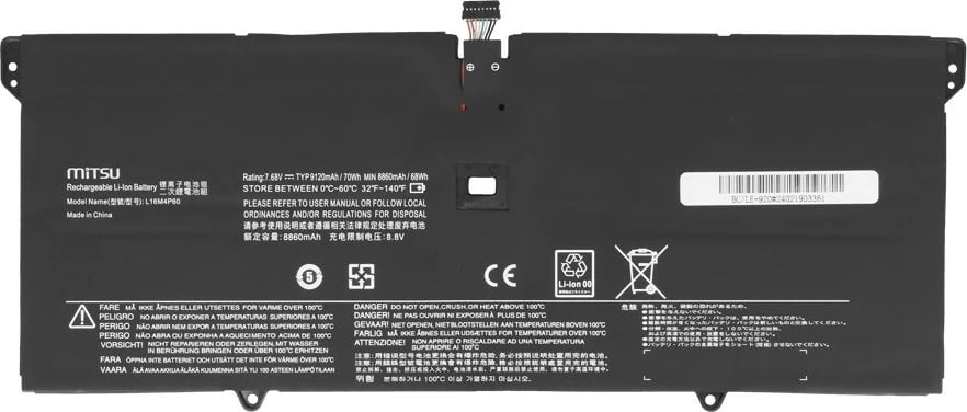 Bateri laptop Mitsu BC/LE-920 për Lenovo Yoga 920-13IKB, 9120 mAh, 4 qeliza, e zezë