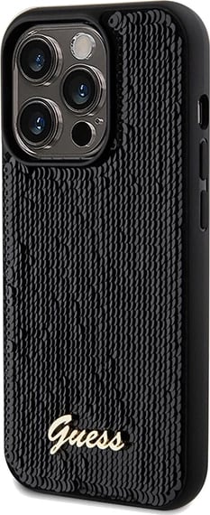 Mbështjellës Guess Sequin Script Metal për iPhone 14 Pro Max, i zi