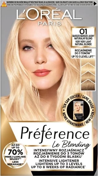 Ngjyrë për flokë L'Oreal Paris Preference Le Blonding për femra 01 Shumë Shumë E Çelur Natyrale Blonde, 1 copë