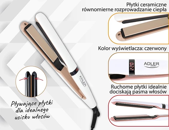 drejtues flokësh, Adler, AD 2321, pllaka qeramike, 5 temperatura 140-220°C, ekran LCD, pllaka 10x2.5cm, kabllo rrotulluese 360°, e bardhë perle