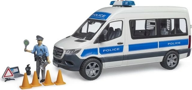 Set policie BRUDER Mercedes-Benz Sprinter BR-02683, shkallë 1:16, me drita/tinguj, me figurë dhe aksesorë, bardhë/blu/zezë