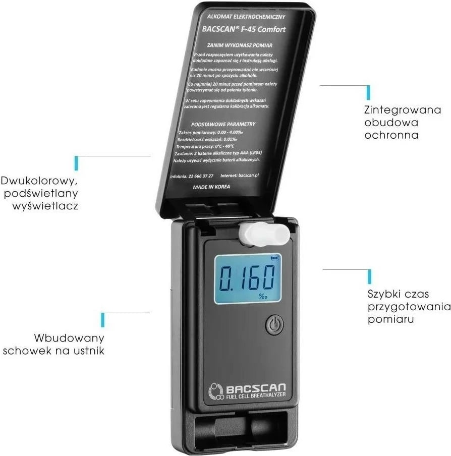 Alkotest Aisko BACscan F-45 COMFORT, elektro-kimik, memorie 10 matje, 3 piesë goje, i zi