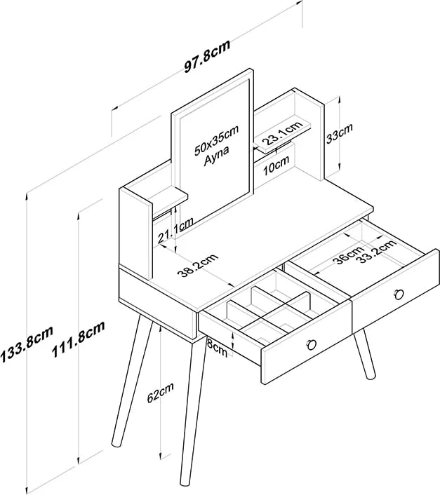 Tavolinë për grim me pasqyrë, Rainy,, e bardhë, 90x38.2x111.8cm