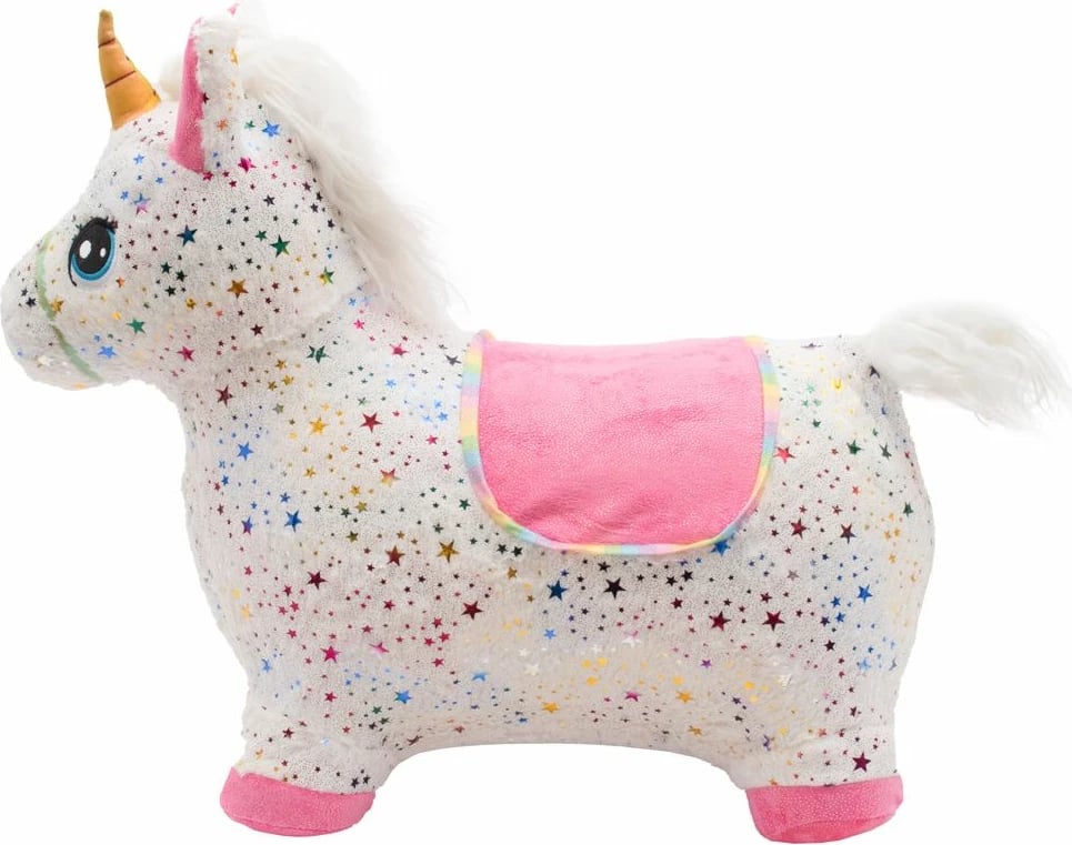 Lodër kërcyese e fryrë njëbrirësh, PLAYTO, plushe me tingull, kapacitet 80 kg, e bardhë