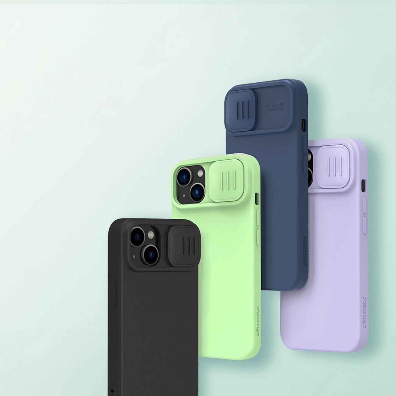 Mbështjellës Nillkin CamShield Silky Silicone për iPhone 14 Plus, me kapak kamere, Kaltër