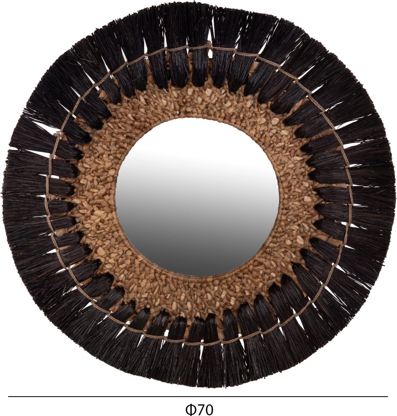 Pasqyrë e rrumbullakët për mur, FH7832, kornizë bari Mendong, ngjyrë e zezë dhe natyrale, Φ70cm