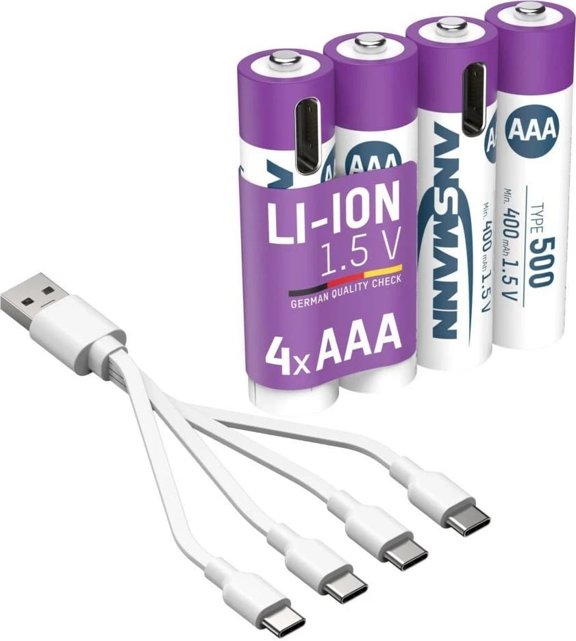 Bateri të rikarikueshme AAA ANSMANN 1311-0028, 500 mAh, Li-Ion, 1.5V, 4 copë, Bardhë