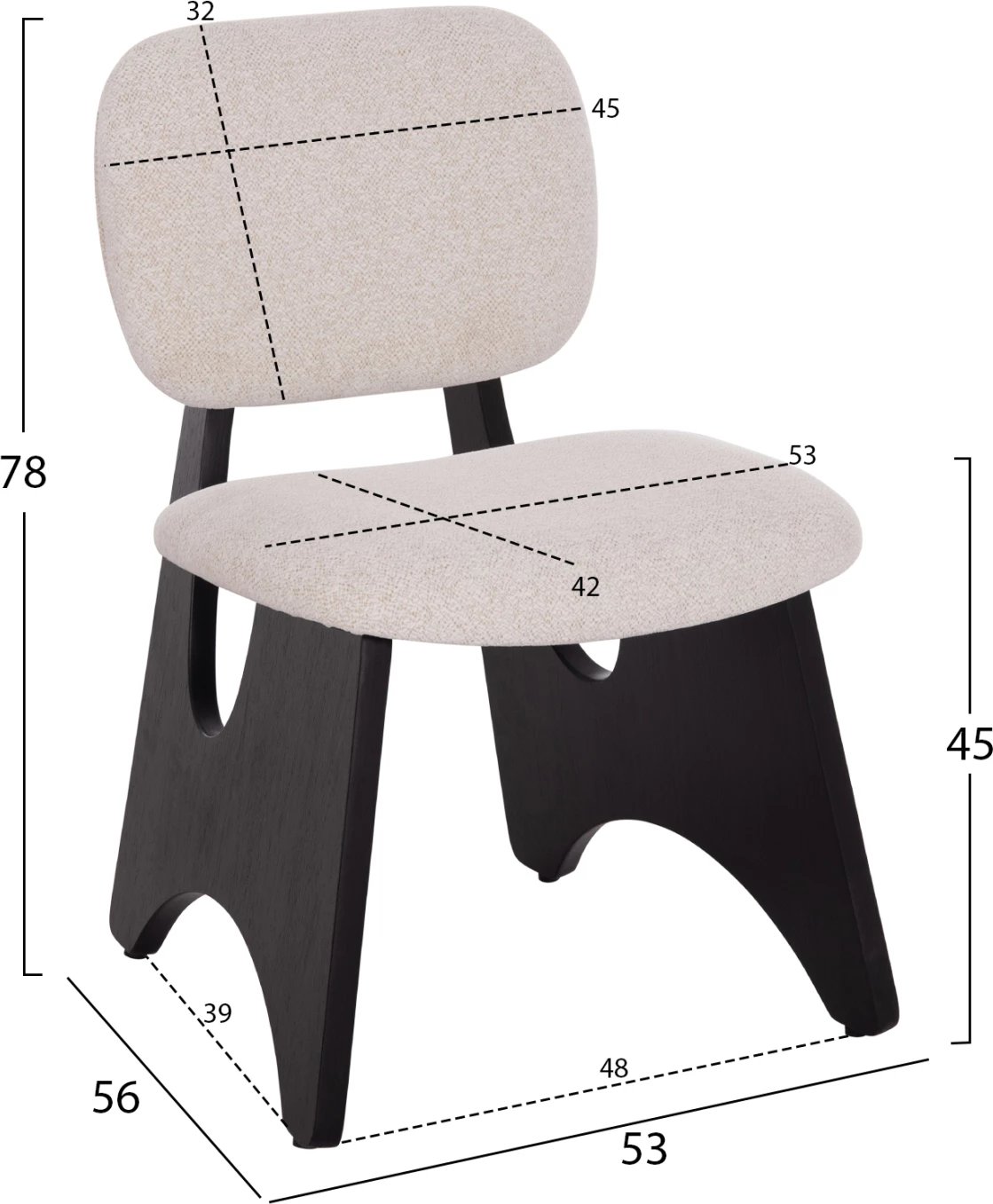 Karrige ngrënieje BELLISI, set 2 copë, stof krem i bardhë, dru i zi, FH18248.02, 53x56x78cm