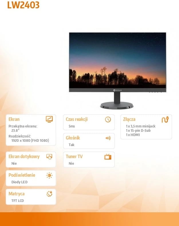 Monitor IPS 23.8" AG Neovo LW-2403 FHD 1920x1080 100Hz HDMI VGA altoparlantë të integruar i zi