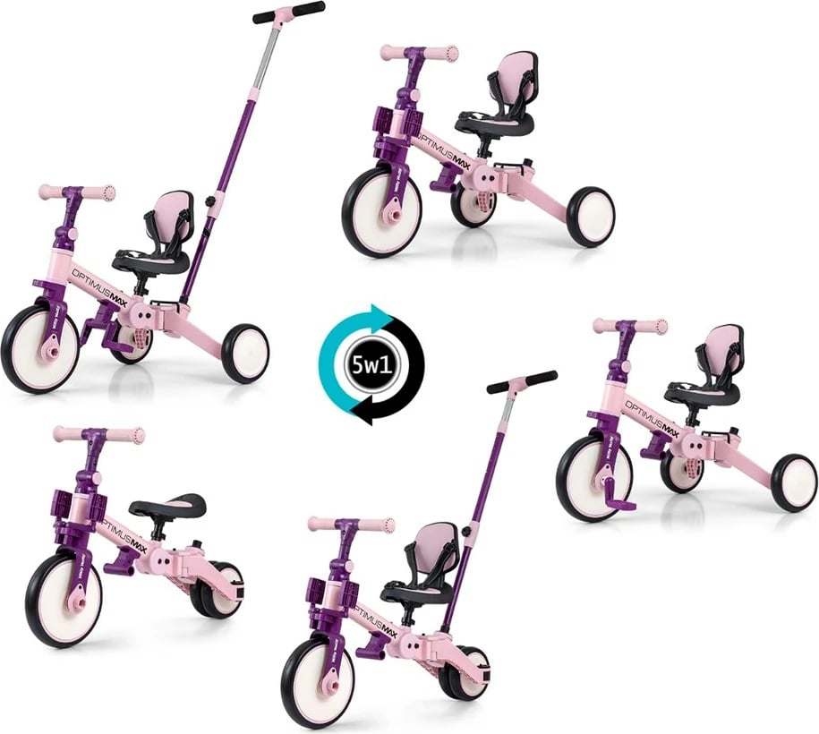 Tricikël 5‑në‑1 me dorezë prindërore, Milly Mally Optimus Max, rrota shkumë, kornizë çeliku, palosshëm, 12M+, ngarkesë 25 kg, rozë