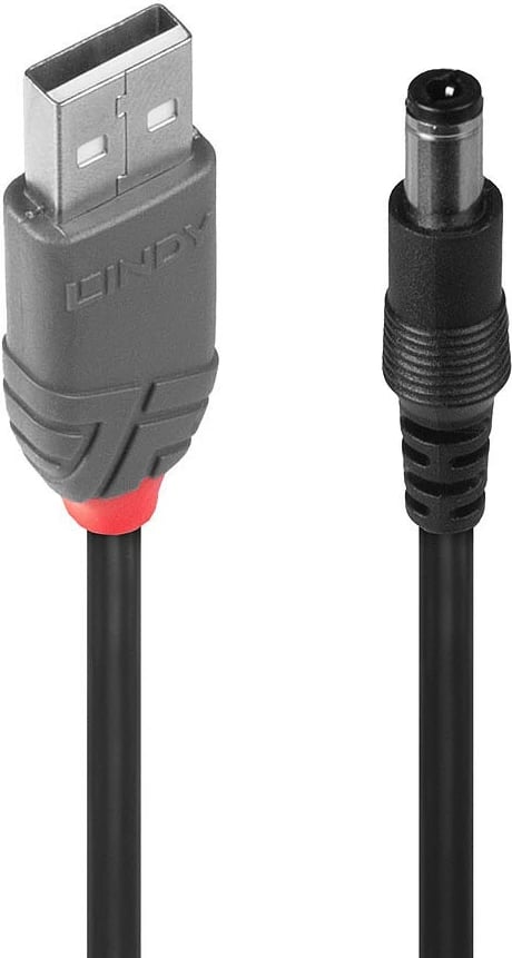 Kabllo adapter LINDY USB 2.0 në DC 5.5/2.5mm, 1.5m, e zezë