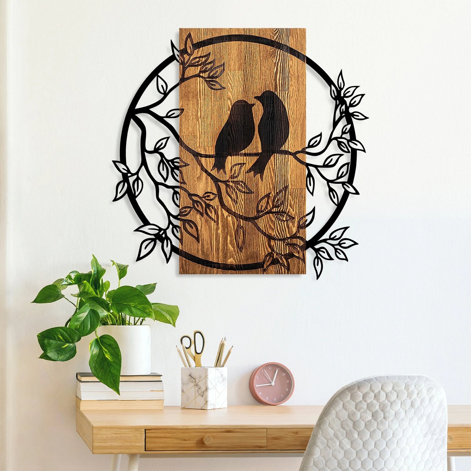 Aksesor dekorativ muri, dru arre dhe i zi, çift zogjsh, Wallity