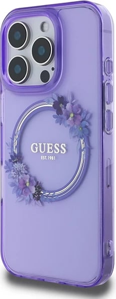 Mbështjellës Guess IML Flowers Wreath MagSafe për iPhone 16 Pro, Vjollcë