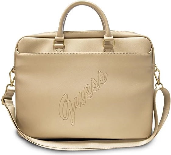 Çantë laptopi Guess Saffiano Script, 16 inç, lëkurë eko, ari