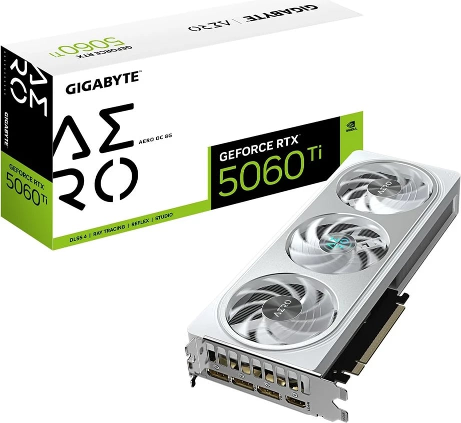 Kartelë grafike Gigabyte GeForce RTX 5060 Ti AERO OC 8G, 8 GB GDDR7, PCI-E 5.0, Bardhë
