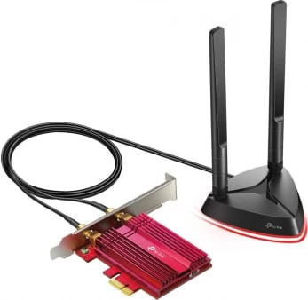 Kartë rrjeti Wi‑Fi PCIe, TP-Link Archer TX3000E, AX3000 Wi‑Fi 6 me bazë magnetike antenash dhe Bluetooth 5.0, e zezë
