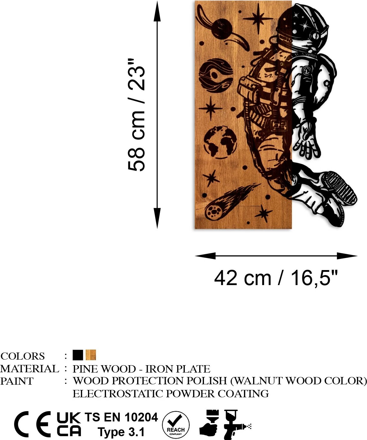 Aksesor dekorativ për mur, dru dhe metal, temë kozmike, ngjyrë arre dhe e zezë, Wallity