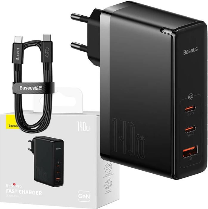 Karikues muri Baseus GaN5 Pro, 140W, 2x USB-C + USB-A, i zi me kabllo USB-C