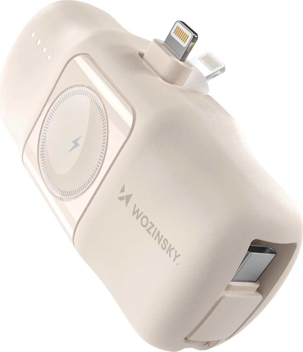 Powerbank Wozinsky WF16-YLS, 5000mAh, 15W, me kabllo USB-C të integruar dhe karikues për Apple Watch, Bezhe